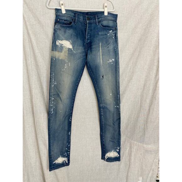 John Elliott Blue Distressed Paint Splatter Skinny Revolve Jeans Sz. 30 - Picture 1 of 16
